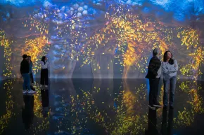 visiteurs exposition immersive bleu jaune